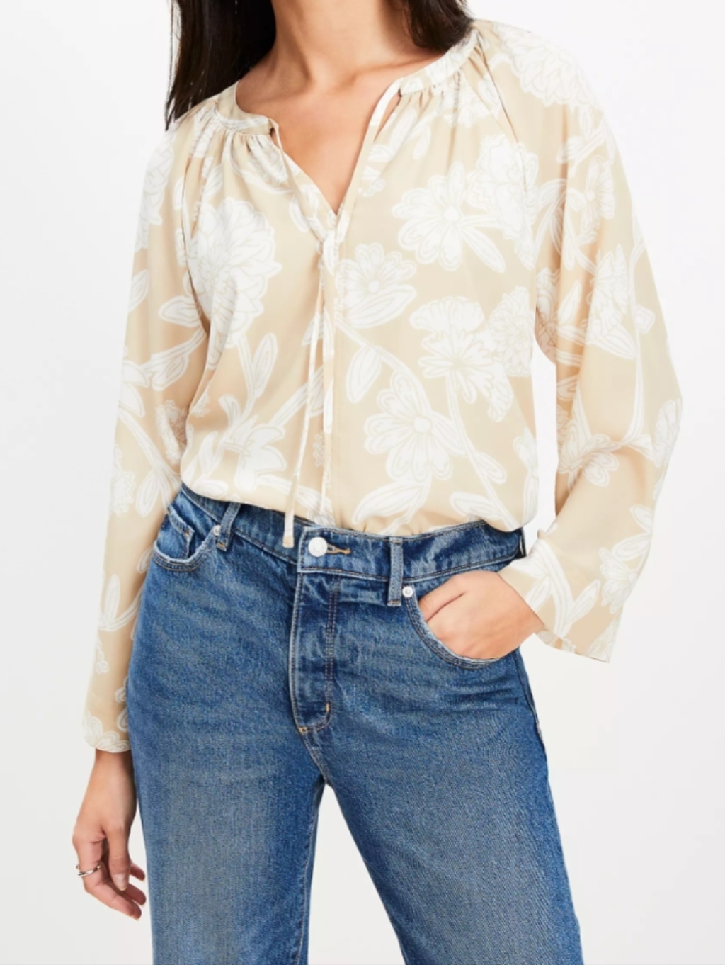 Nwt Loft Floral Tie Neck Flare Sleeve Blouse In White & Tan Size S